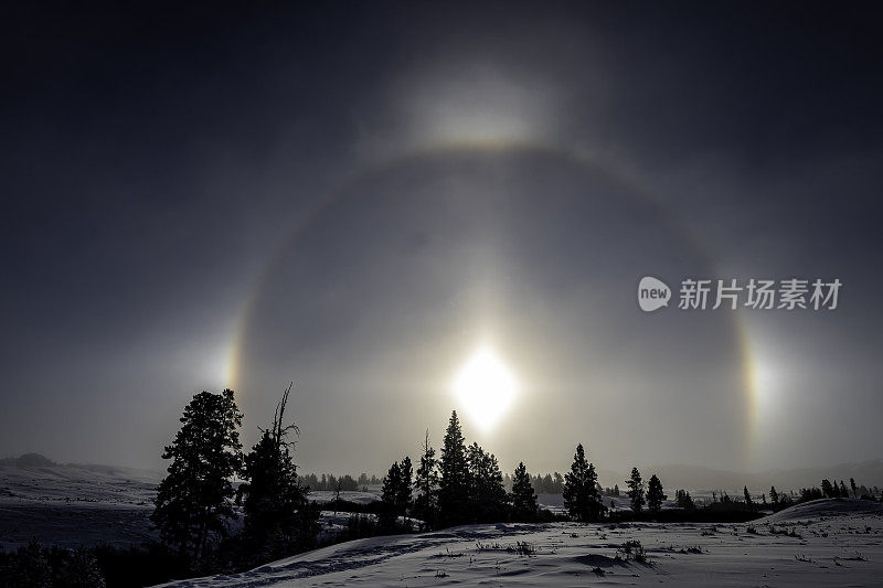 A sun dog (or sundog) or mock sun, also called a parhelion in meteorology, is an atmospheric optical phenomenon that consists of a bright spot to one or both sides of the Sun. Two sun dogs often flank the Sun within a 22° halo. Yellowstone National Park,